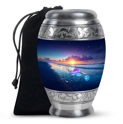 Sapphire Blue Beach Cremation Urn back view with polished surface - majestic beach pattern with filigree border - full-size 10 inch 200 cubic inch adult cremation urn