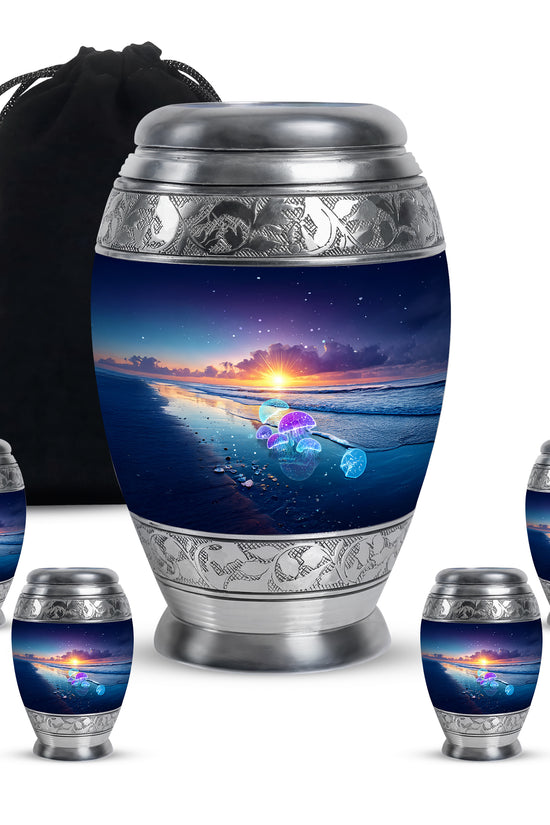 Pastel Blue Beach Cremation Urn detail view - regal beach design with crown-inspired accents - memorial set with one large and four small urns