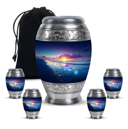 Pastel Blue Beach Cremation Urn detail view - regal beach design with crown-inspired accents - memorial set with one large and four small urns