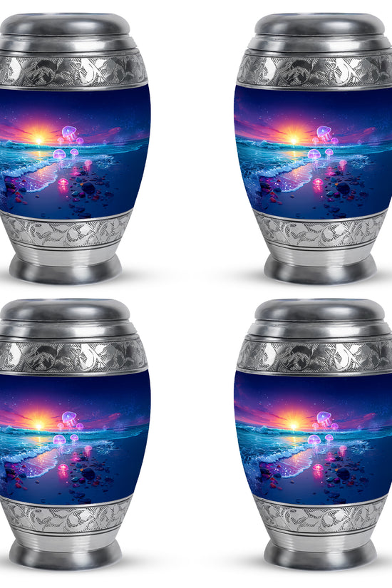 Navy Blue Beach Cremation Urn urn with complimentary velvet bag - regal beach design with crown-inspired accents - 10 inch aluminum urn for cremated remains