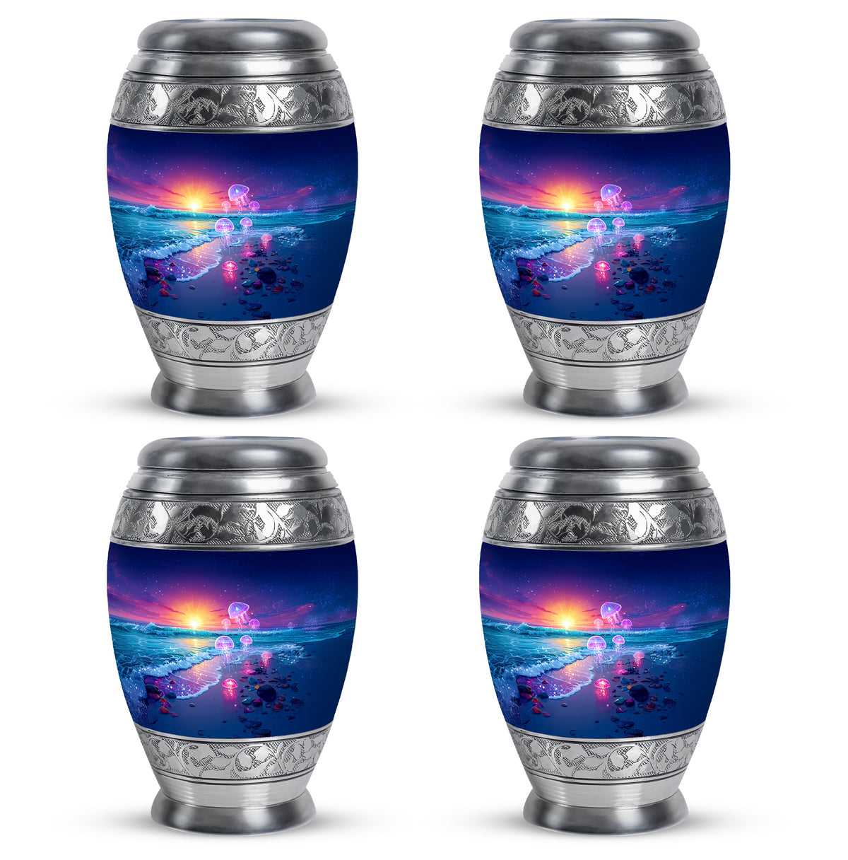 Navy Blue Beach Cremation Urn urn with complimentary velvet bag - regal beach design with crown-inspired accents - 10 inch aluminum urn for cremated remains