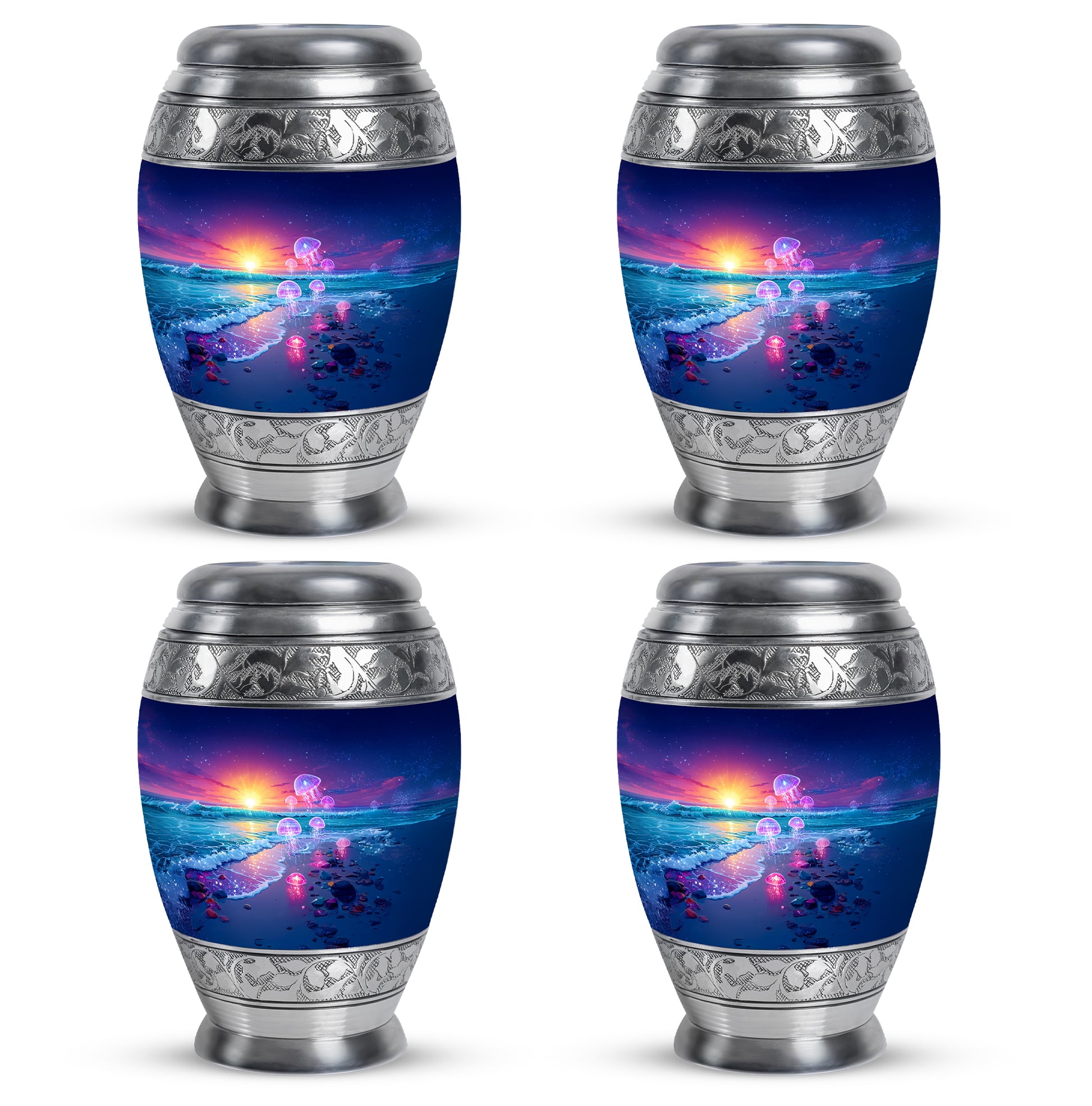 Navy Blue Beach Cremation Urn urn with complimentary velvet bag - regal beach design with crown-inspired accents - 10 inch aluminum urn for cremated remains