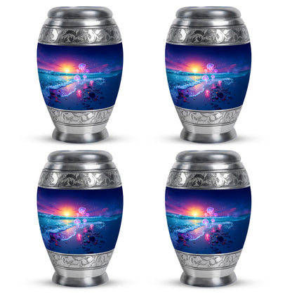 Navy Blue Beach Cremation Urn urn with complimentary velvet bag - regal beach design with crown-inspired accents - 10 inch aluminum urn for cremated remains