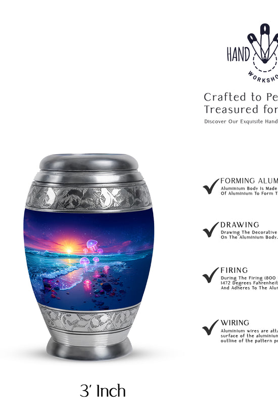 Serene Blue Beach Cremation Urn lifestyle display on memorial shelf - royal beach engraving with decorative scrollwork - mini keepsake memorial for portion of cremation ashes