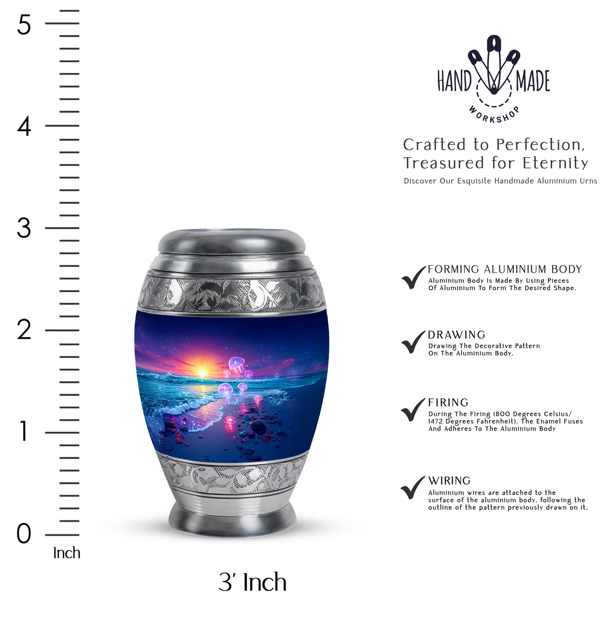 Serene Blue Beach Cremation Urn lifestyle display on memorial shelf - royal beach engraving with decorative scrollwork - mini keepsake memorial for portion of cremation ashes