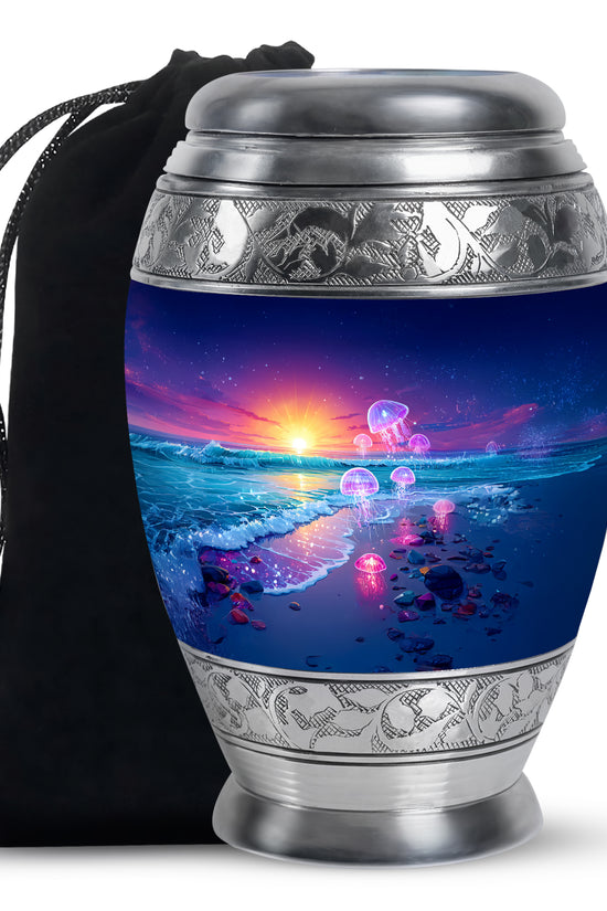 Calming Blue Beach Cremation Urn back view with polished surface - majestic beach pattern with filigree border - full-size 10 inch 200 cubic inch adult cremation urn
