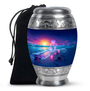 Calming Blue Beach Cremation Urn back view with polished surface - majestic beach pattern with filigree border - full-size 10 inch 200 cubic inch adult cremation urn