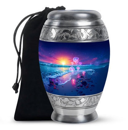 Calming Blue Beach Cremation Urn back view with polished surface - majestic beach pattern with filigree border - full-size 10 inch 200 cubic inch adult cremation urn