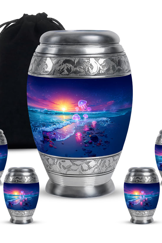 Cornflower Blue Beach Cremation Urn detail view - royal beach engraving with decorative scrollwork - memorial set with one large and four small urns