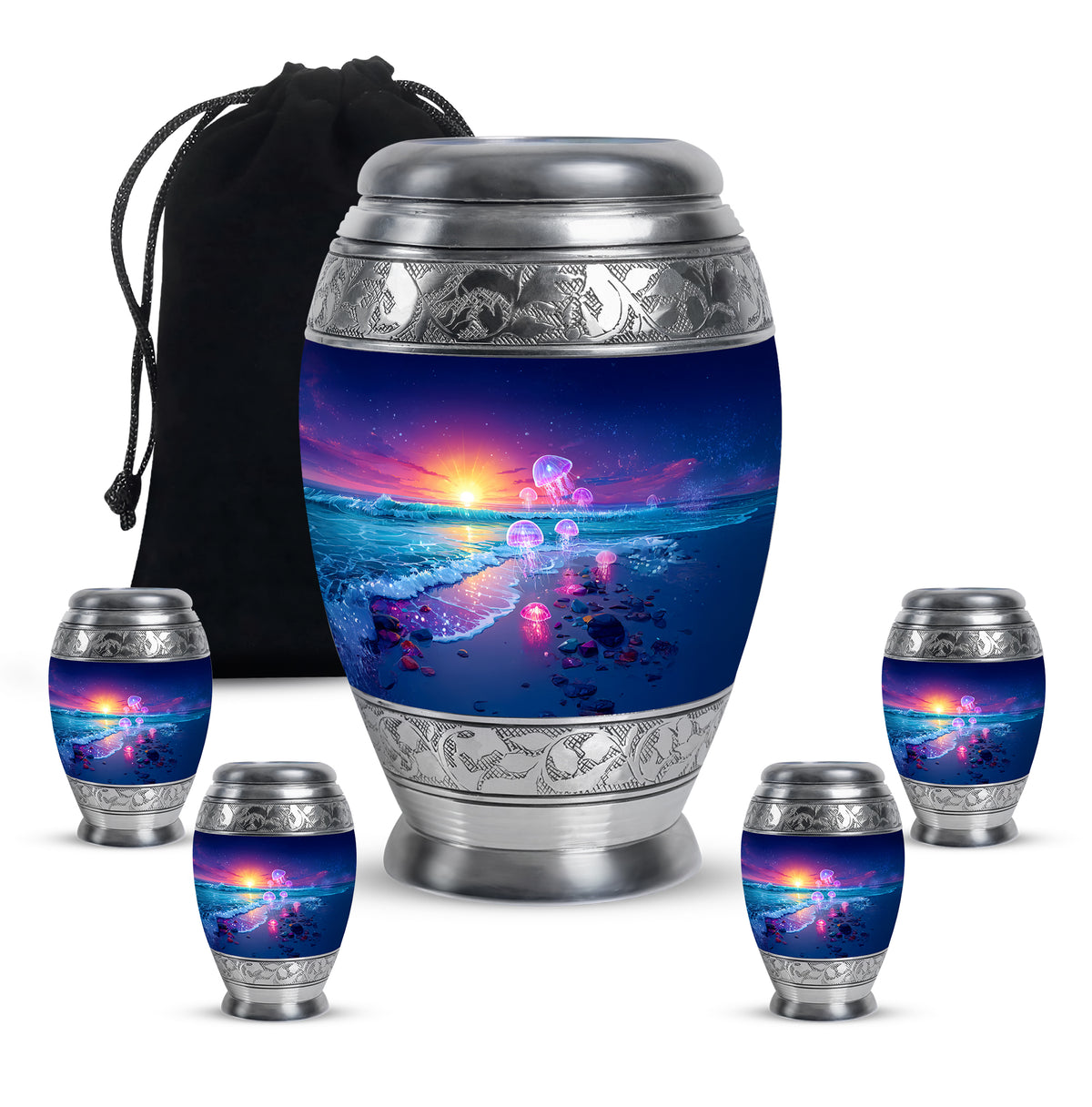 Cornflower Blue Beach Cremation Urn detail view - royal beach engraving with decorative scrollwork - memorial set with one large and four small urns