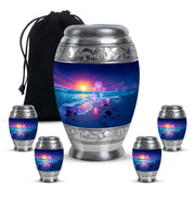 Cornflower Blue Beach Cremation Urn detail view - royal beach engraving with decorative scrollwork - memorial set with one large and four small urns