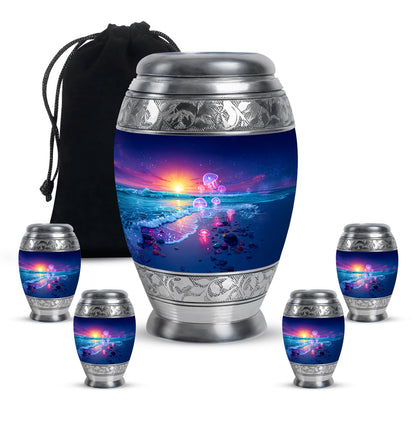 Cornflower Blue Beach Cremation Urn detail view - royal beach engraving with decorative scrollwork - memorial set with one large and four small urns
