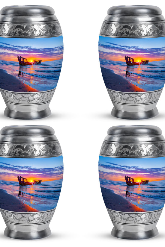 Sky Blue Beach Cremation Urn urn with complimentary velvet bag - regal beach design with crown-inspired accents - 10 inch aluminum urn for cremated remains