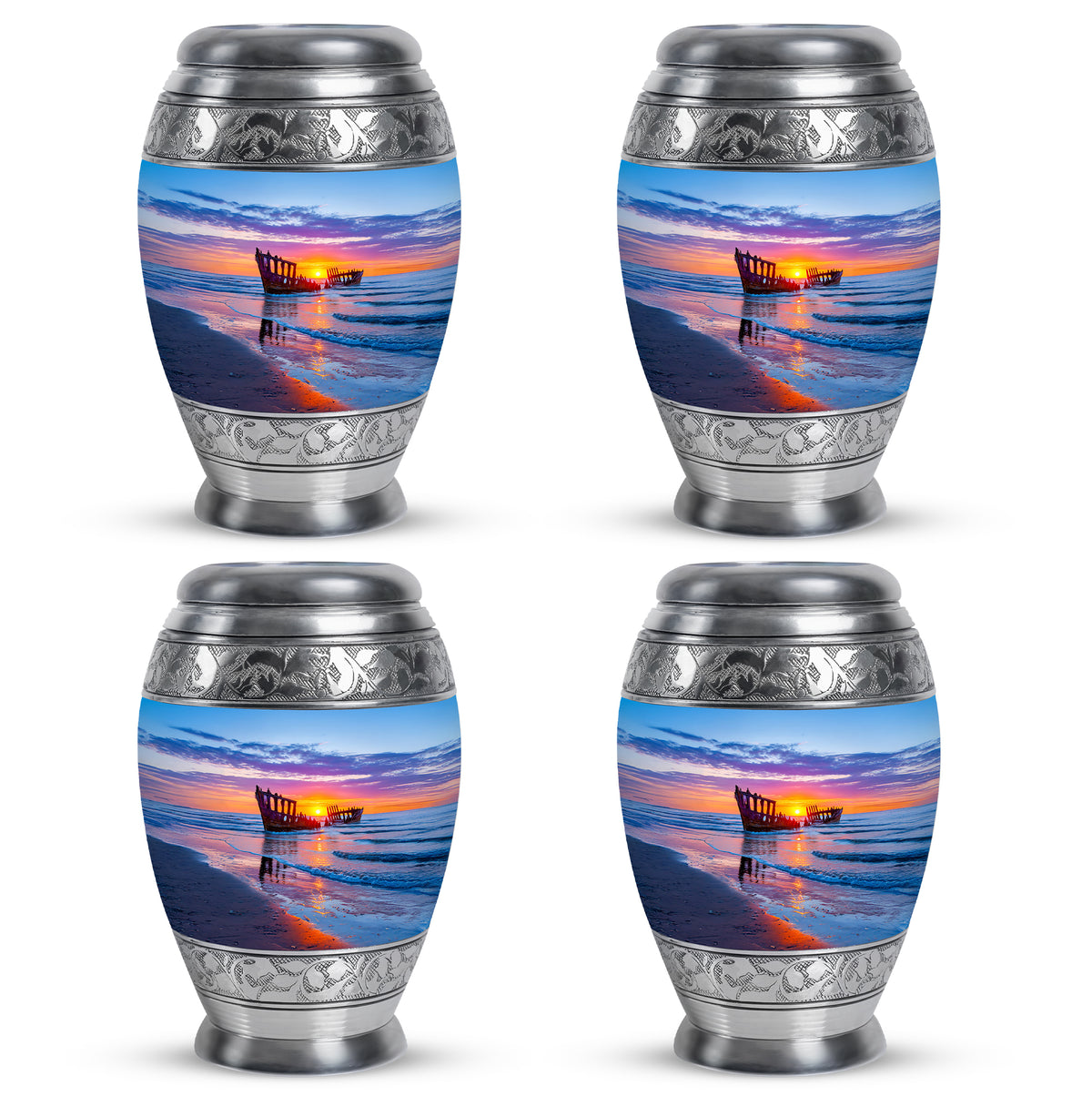 Sky Blue Beach Cremation Urn urn with complimentary velvet bag - regal beach design with crown-inspired accents - 10 inch aluminum urn for cremated remains