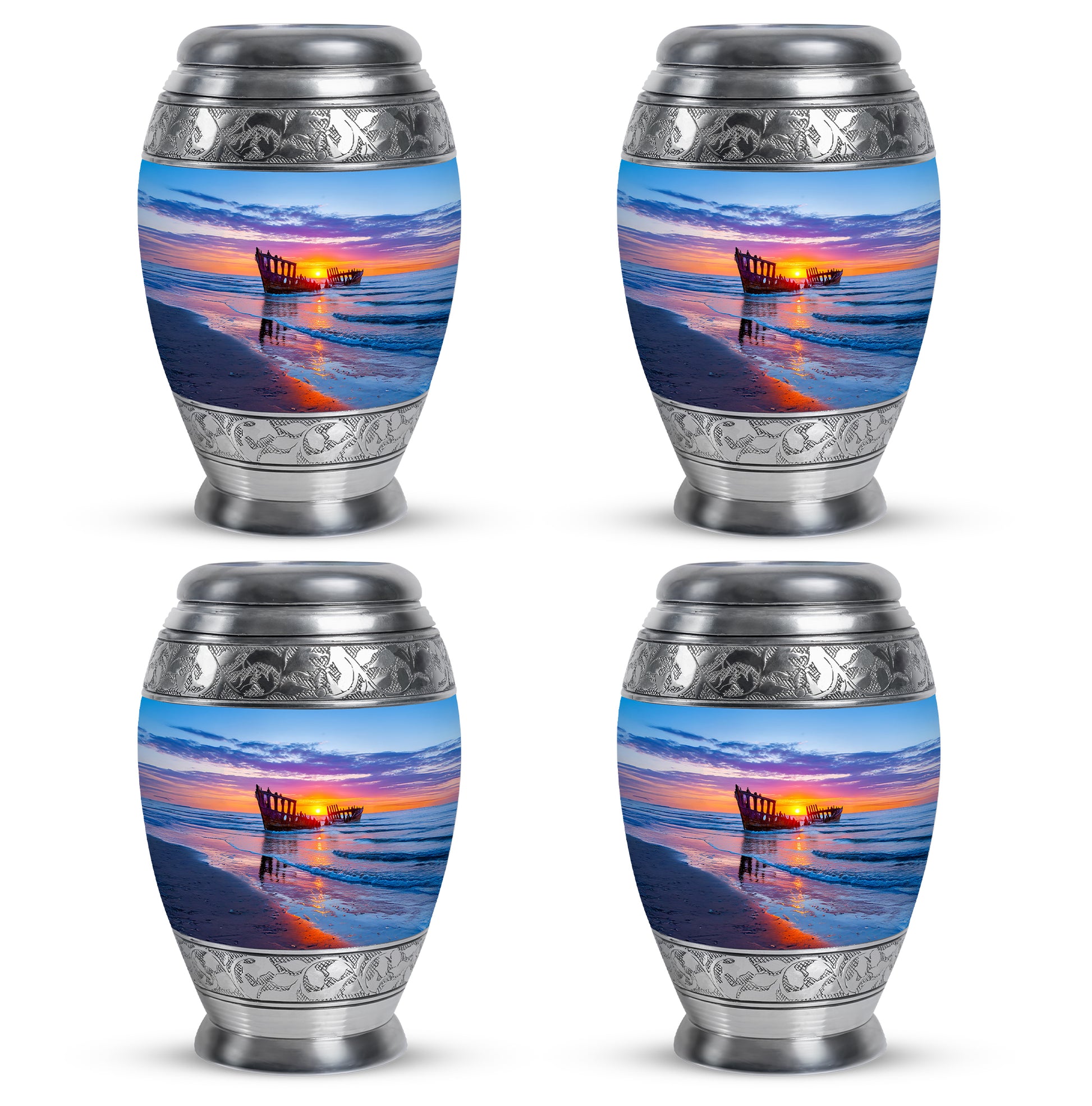 Sky Blue Beach Cremation Urn urn with complimentary velvet bag - regal beach design with crown-inspired accents - 10 inch aluminum urn for cremated remains