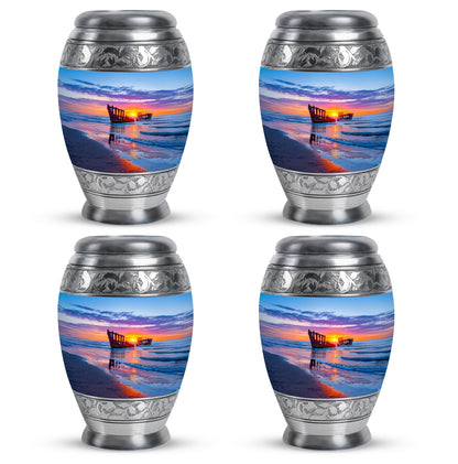 Sky Blue Beach Cremation Urn urn with complimentary velvet bag - regal beach design with crown-inspired accents - 10 inch aluminum urn for cremated remains