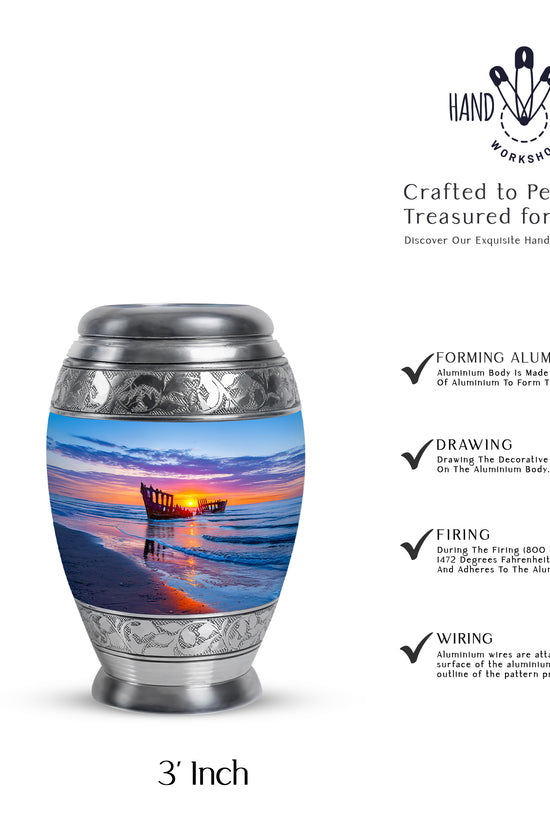 Steel Blue Beach Cremation Urn lifestyle display on memorial shelf - royal beach engraving with decorative scrollwork - mini keepsake memorial for portion of cremation ashes