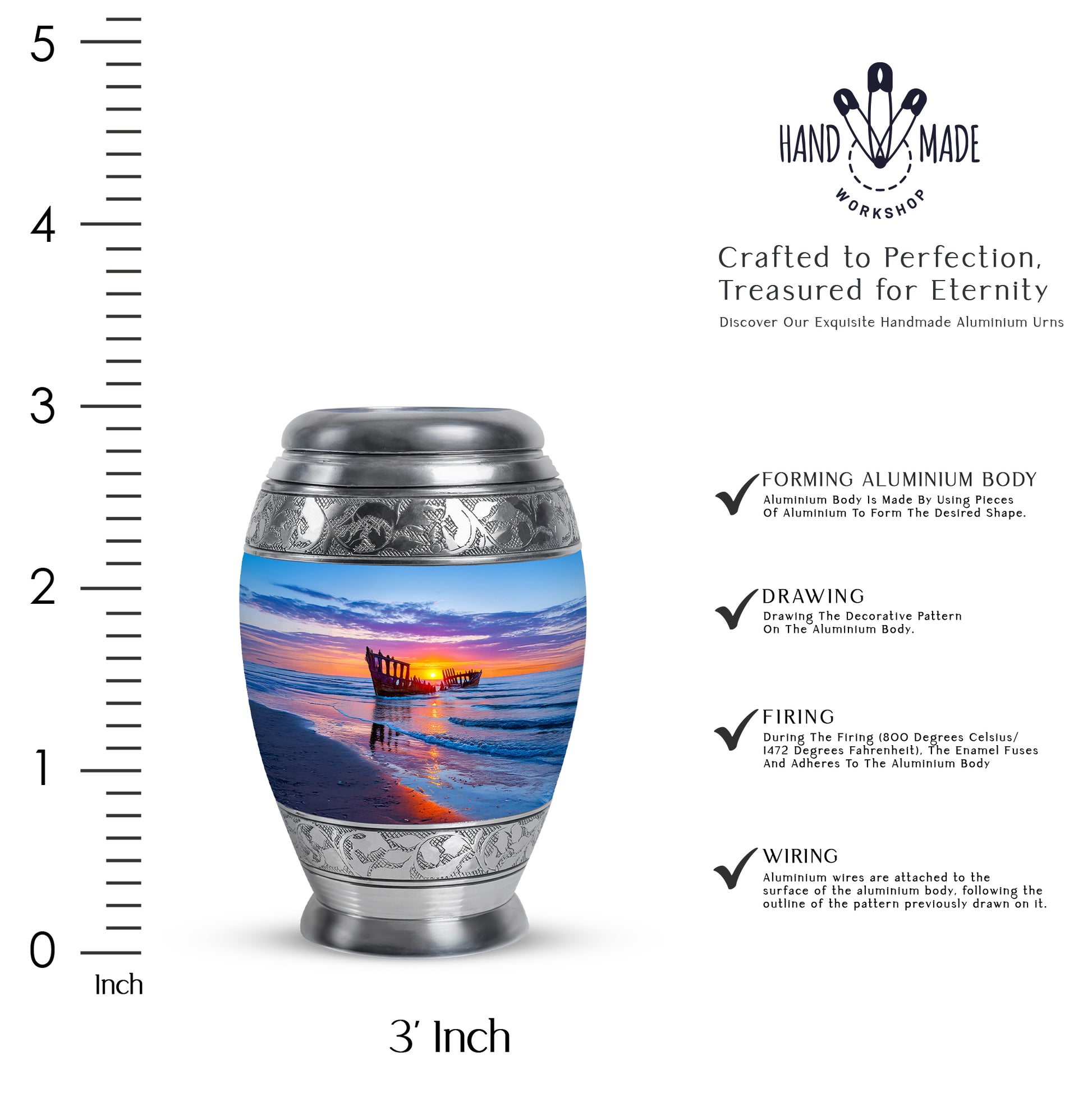 Steel Blue Beach Cremation Urn lifestyle display on memorial shelf - royal beach engraving with decorative scrollwork - mini keepsake memorial for portion of cremation ashes