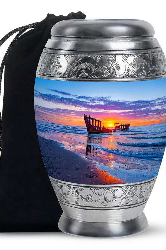Misty Blue Beach Cremation Urn back view with polished surface - ornate monarch-style beach relief on brushed aluminum - full-size 10 inch 200 cubic inch adult cremation urn