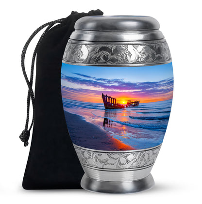Misty Blue Beach Cremation Urn back view with polished surface - ornate monarch-style beach relief on brushed aluminum - full-size 10 inch 200 cubic inch adult cremation urn