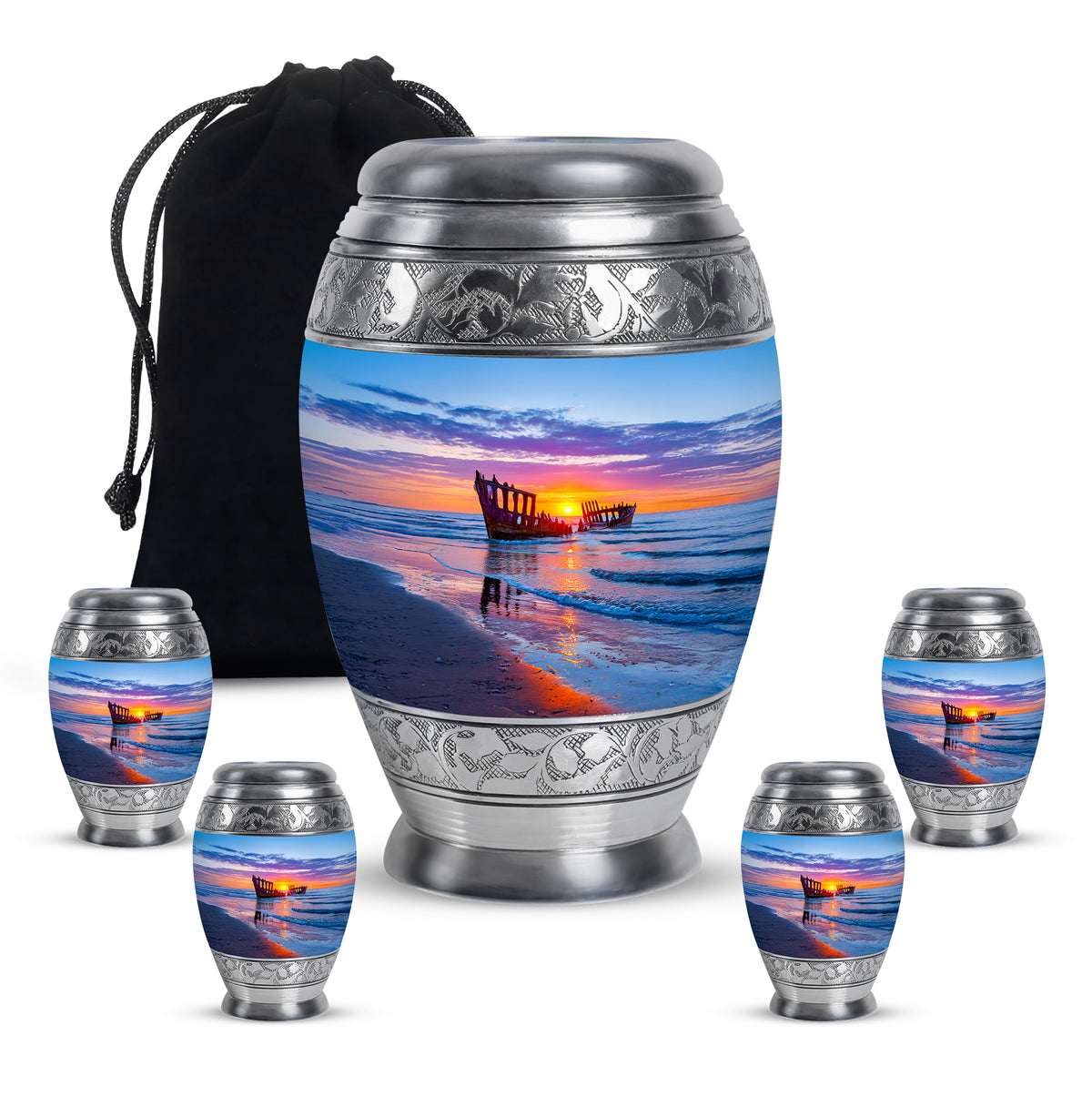 Soft Blue Beach Cremation Urn detail view - majestic beach pattern with filigree border - memorial set with one large and four small urns