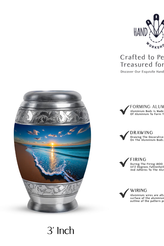 Steel Blue Beach Cremation Urn lifestyle display on memorial shelf - majestic beach pattern with filigree border - mini keepsake memorial for portion of cremation ashes