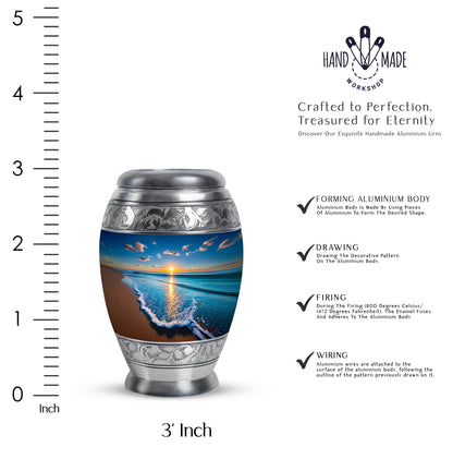 Steel Blue Beach Cremation Urn lifestyle display on memorial shelf - majestic beach pattern with filigree border - mini keepsake memorial for portion of cremation ashes