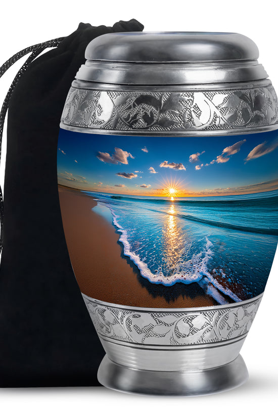Navy Blue Beach Cremation Urn back view with polished surface - regal beach design with crown-inspired accents - full-size 10 inch 200 cubic inch adult cremation urn