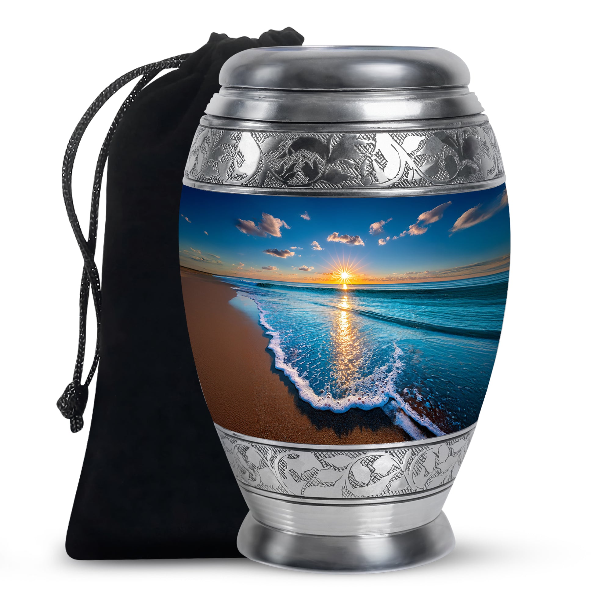 Navy Blue Beach Cremation Urn back view with polished surface - regal beach design with crown-inspired accents - full-size 10 inch 200 cubic inch adult cremation urn