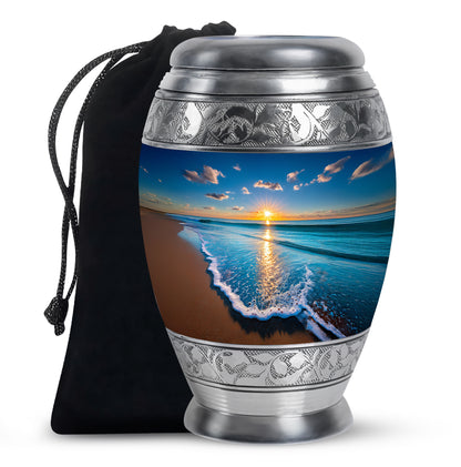 Navy Blue Beach Cremation Urn back view with polished surface - regal beach design with crown-inspired accents - full-size 10 inch 200 cubic inch adult cremation urn