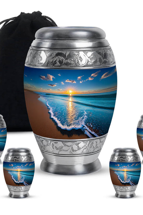 Vivid Blue Beach Cremation Urn detail view - majestic beach pattern with filigree border - memorial set with one large and four small urns