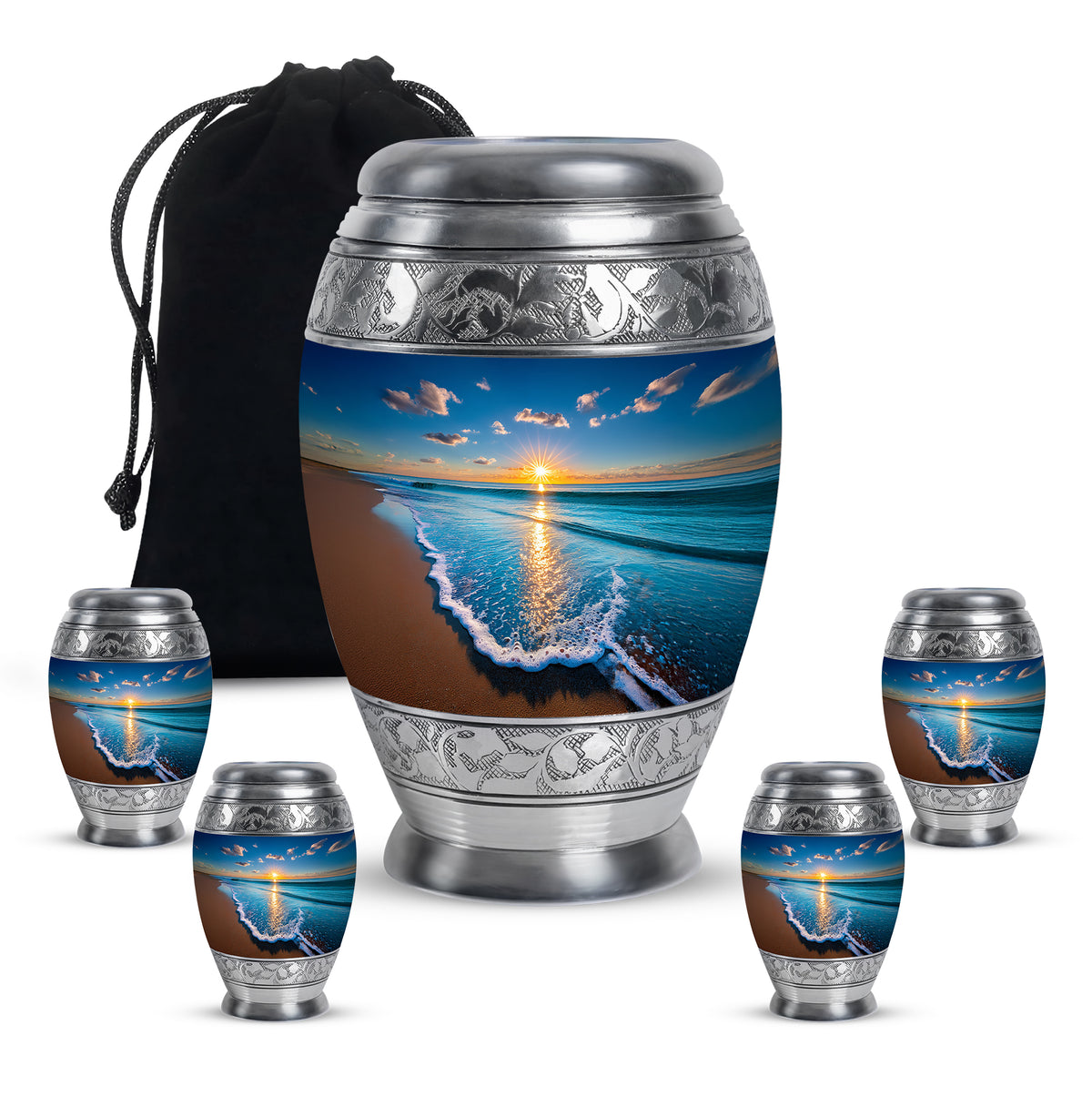 Vivid Blue Beach Cremation Urn detail view - majestic beach pattern with filigree border - memorial set with one large and four small urns
