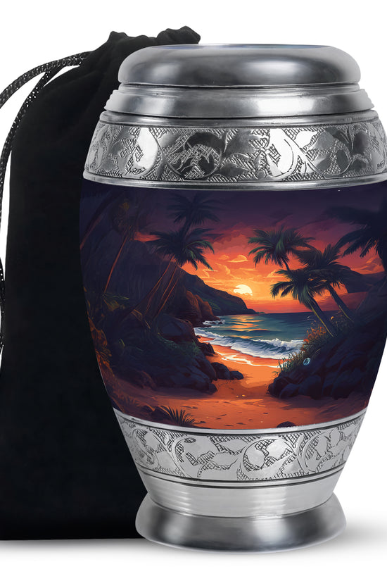 Beach Sunset Cremation Urn - Palm Tree Beach Funeral Urn For Loved Ones