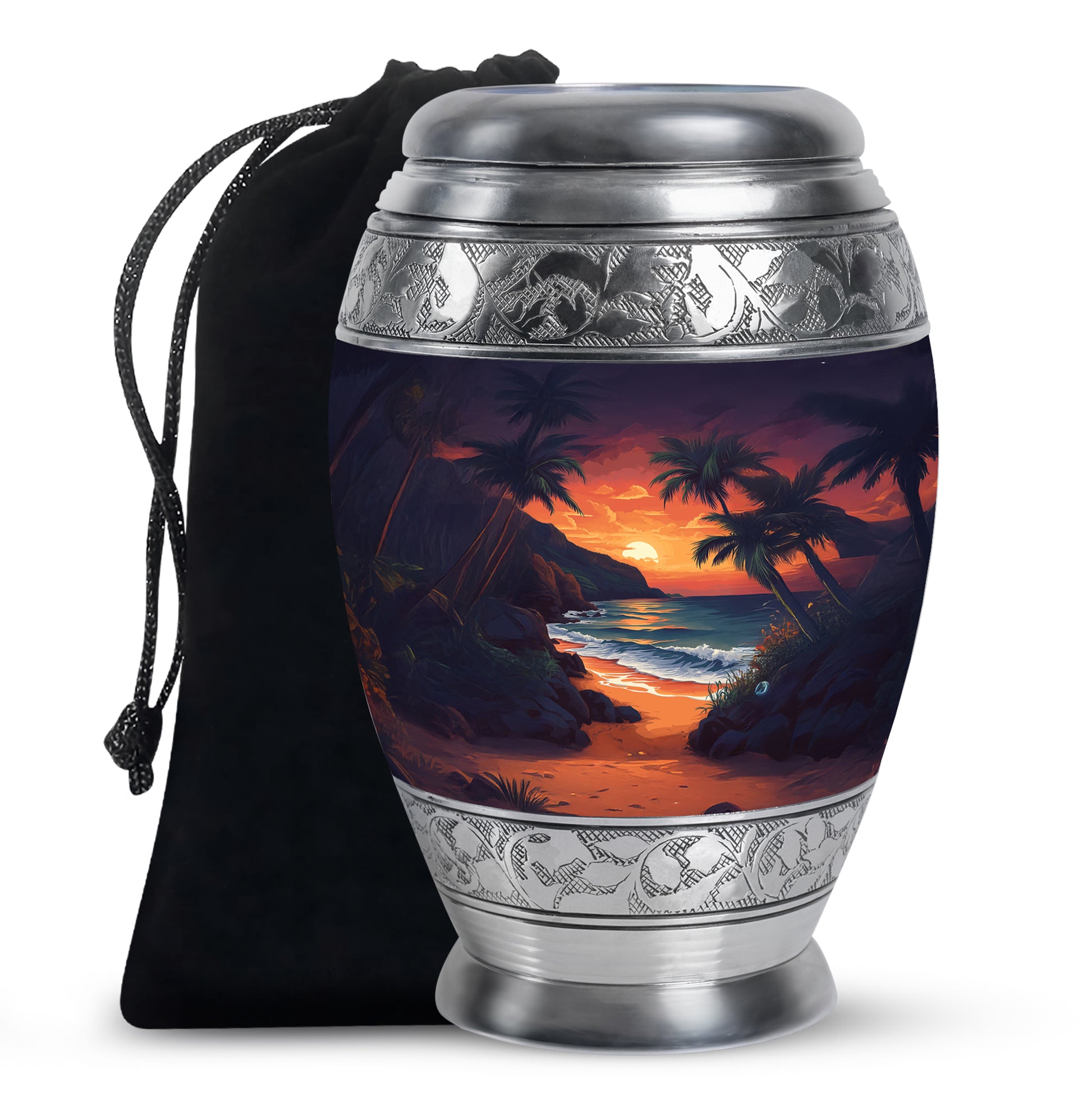Beach Sunset Cremation Urn - Palm Tree Beach Funeral Urn For Loved Ones