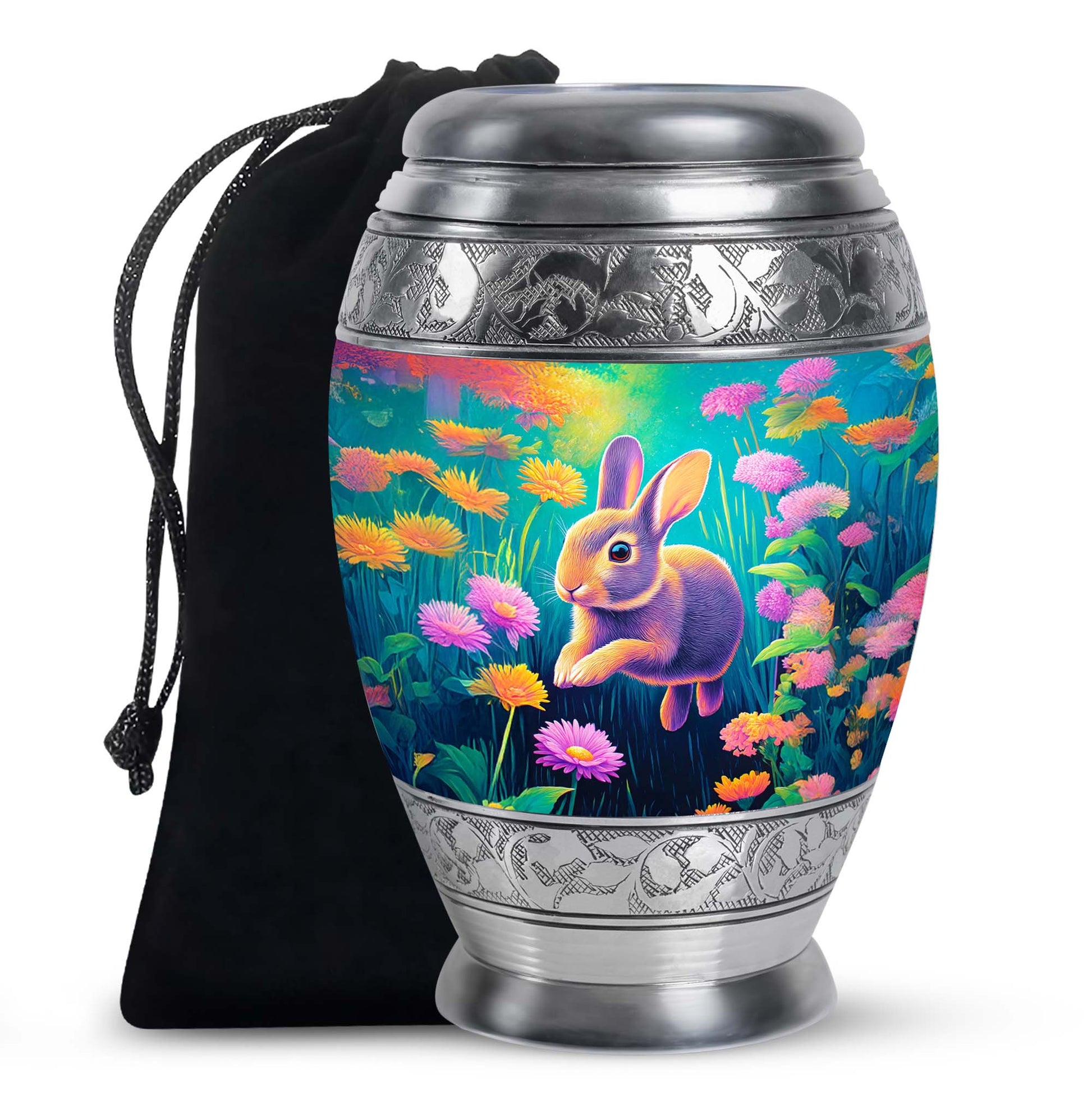 Cute Rabbit Funeral Urn - Floral Aluminium Cremation Urn For Ashes