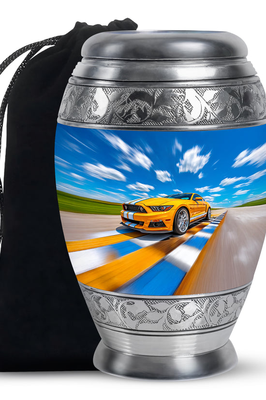 Yellow Sports Car Cremation Urn - Racing Track Memorial Urn For Adult Ashes