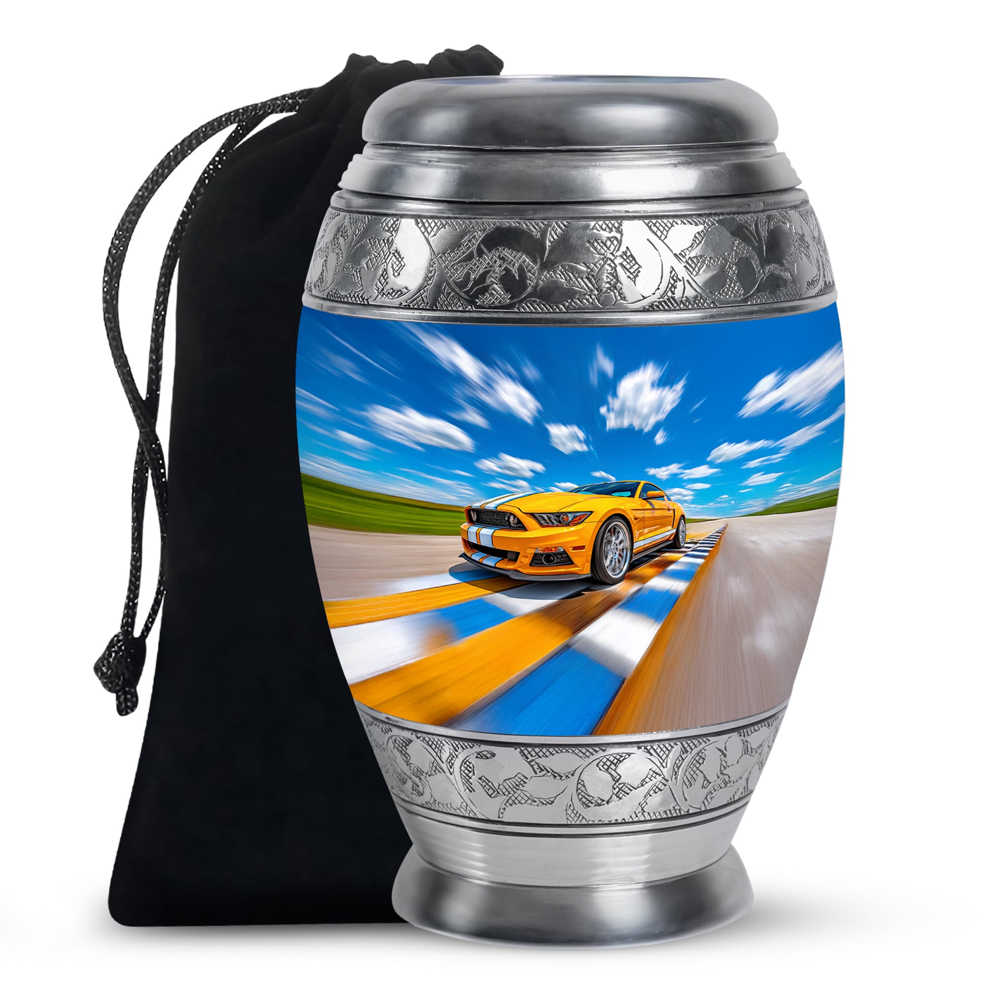 Yellow Sports Car Cremation Urn - Racing Track Memorial Urn For Adult Ashes