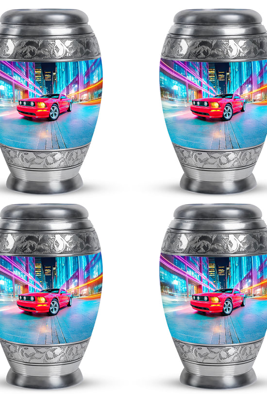 Powder Blue Car Cremation Urn urn with complimentary velvet bag - ornate monarch-style car relief on brushed aluminum - 10 inch aluminum urn for cremated remains