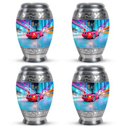 Powder Blue Car Cremation Urn urn with complimentary velvet bag - ornate monarch-style car relief on brushed aluminum - 10 inch aluminum urn for cremated remains