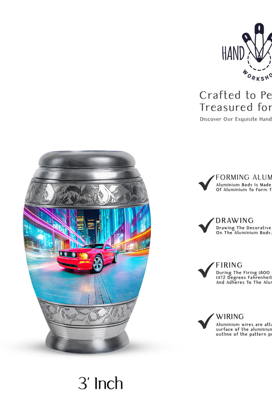 Steel Blue Car Cremation Urn lifestyle display on memorial shelf - majestic car pattern with filigree border - mini keepsake memorial for portion of cremation ashes