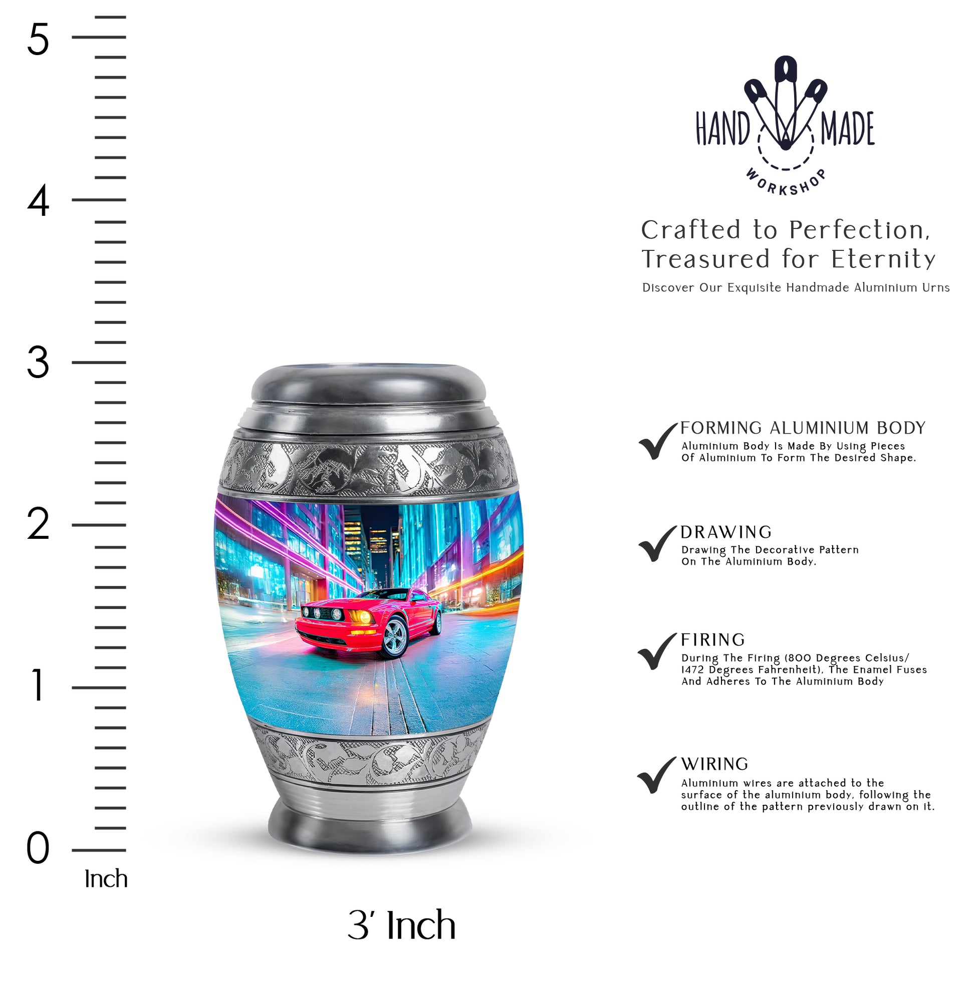 Steel Blue Car Cremation Urn lifestyle display on memorial shelf - majestic car pattern with filigree border - mini keepsake memorial for portion of cremation ashes