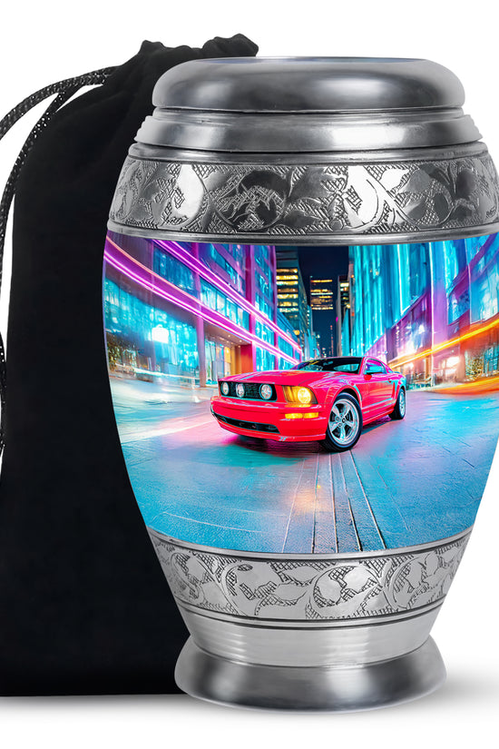 Calming Blue Car Cremation Urn back view with polished surface - royal car engraving with decorative scrollwork - full-size 10 inch 200 cubic inch adult cremation urn