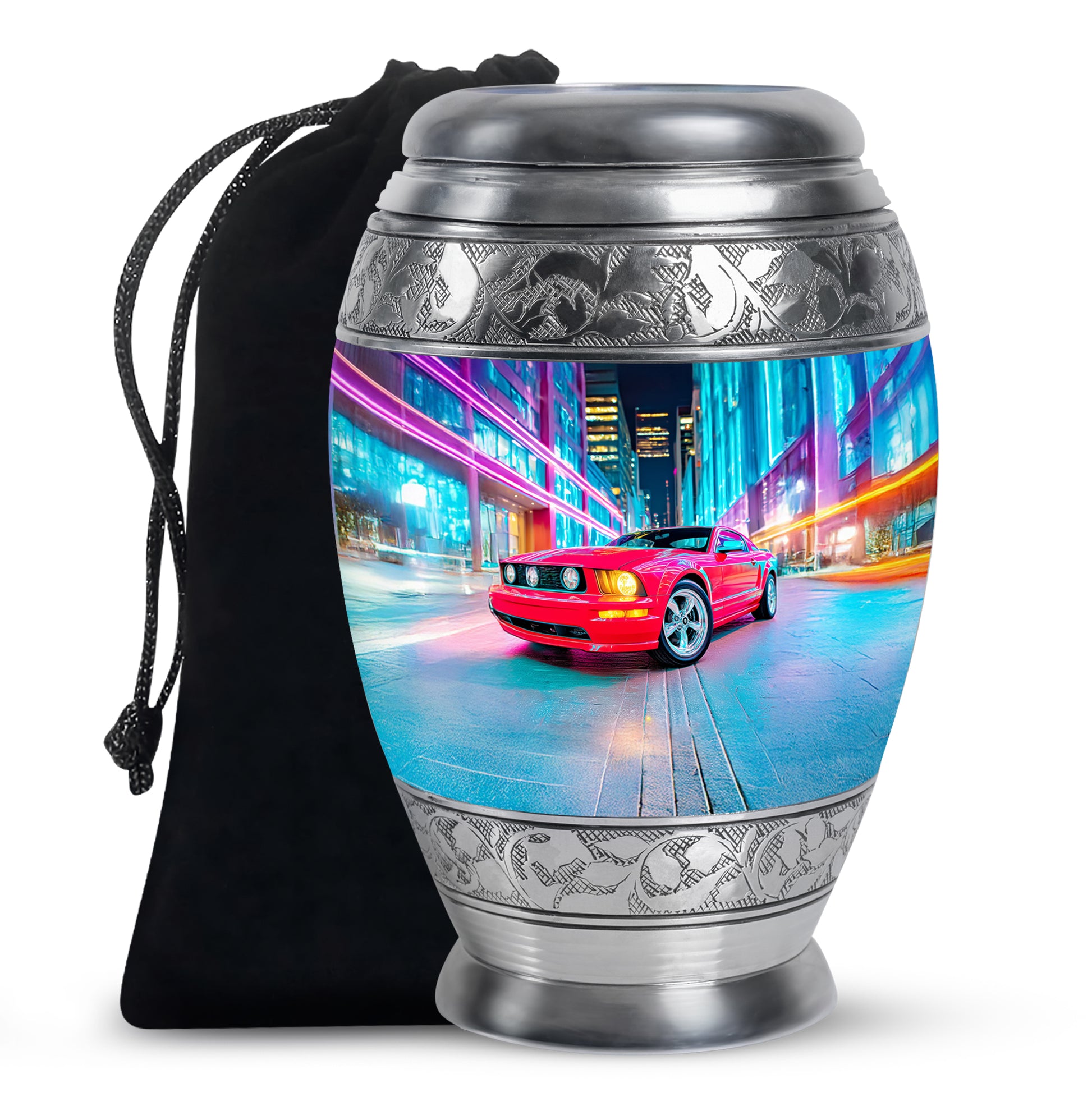 Calming Blue Car Cremation Urn back view with polished surface - royal car engraving with decorative scrollwork - full-size 10 inch 200 cubic inch adult cremation urn