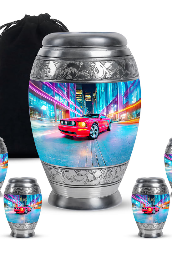 Cornflower Blue Car Cremation Urn detail view - royal car engraving with decorative scrollwork - memorial set with one large and four small urns
