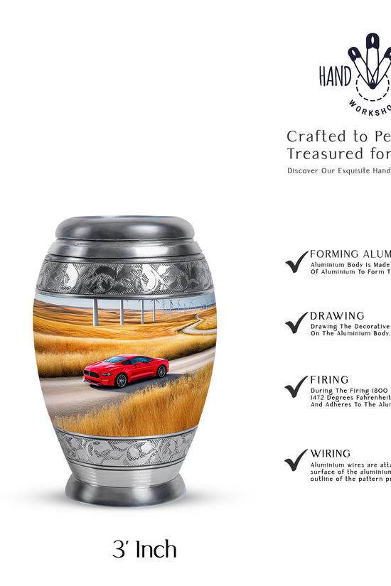 Cornflower Blue Car Cremation Urn lifestyle display on memorial shelf - majestic car pattern with filigree border - mini keepsake memorial for portion of cremation ashes