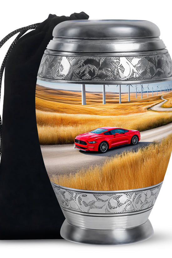 Bright Blue Car Cremation Urn back view with polished surface - royal car engraving with decorative scrollwork - full-size 10 inch 200 cubic inch adult cremation urn