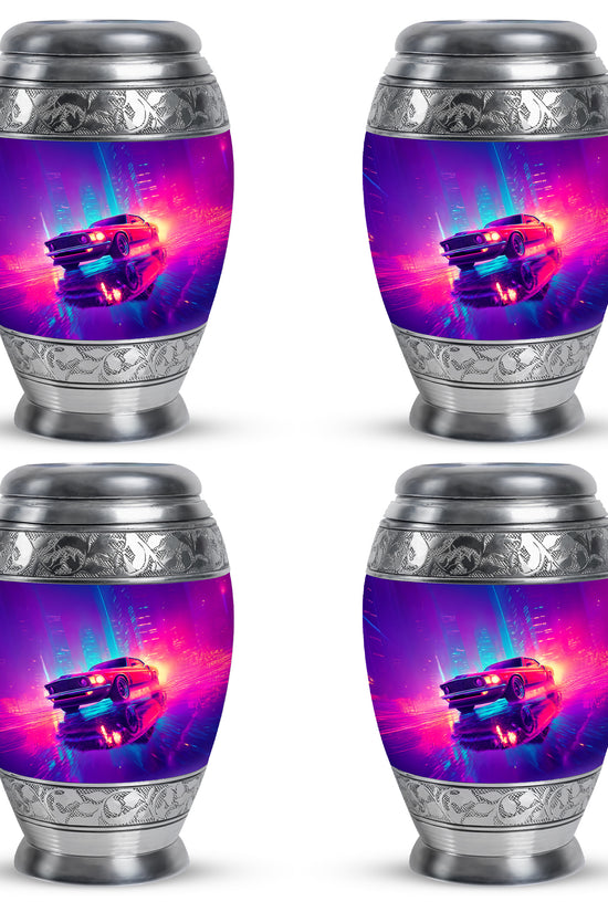 Cornflower Blue Car Cremation Urn urn with complimentary velvet bag - royal car engraving with decorative scrollwork - 10 inch aluminum urn for cremated remains