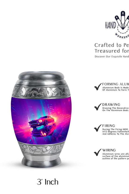 Sky Blue Car Cremation Urn lifestyle display on memorial shelf - ornate monarch-style car relief on brushed aluminum - mini keepsake memorial for portion of cremation ashes