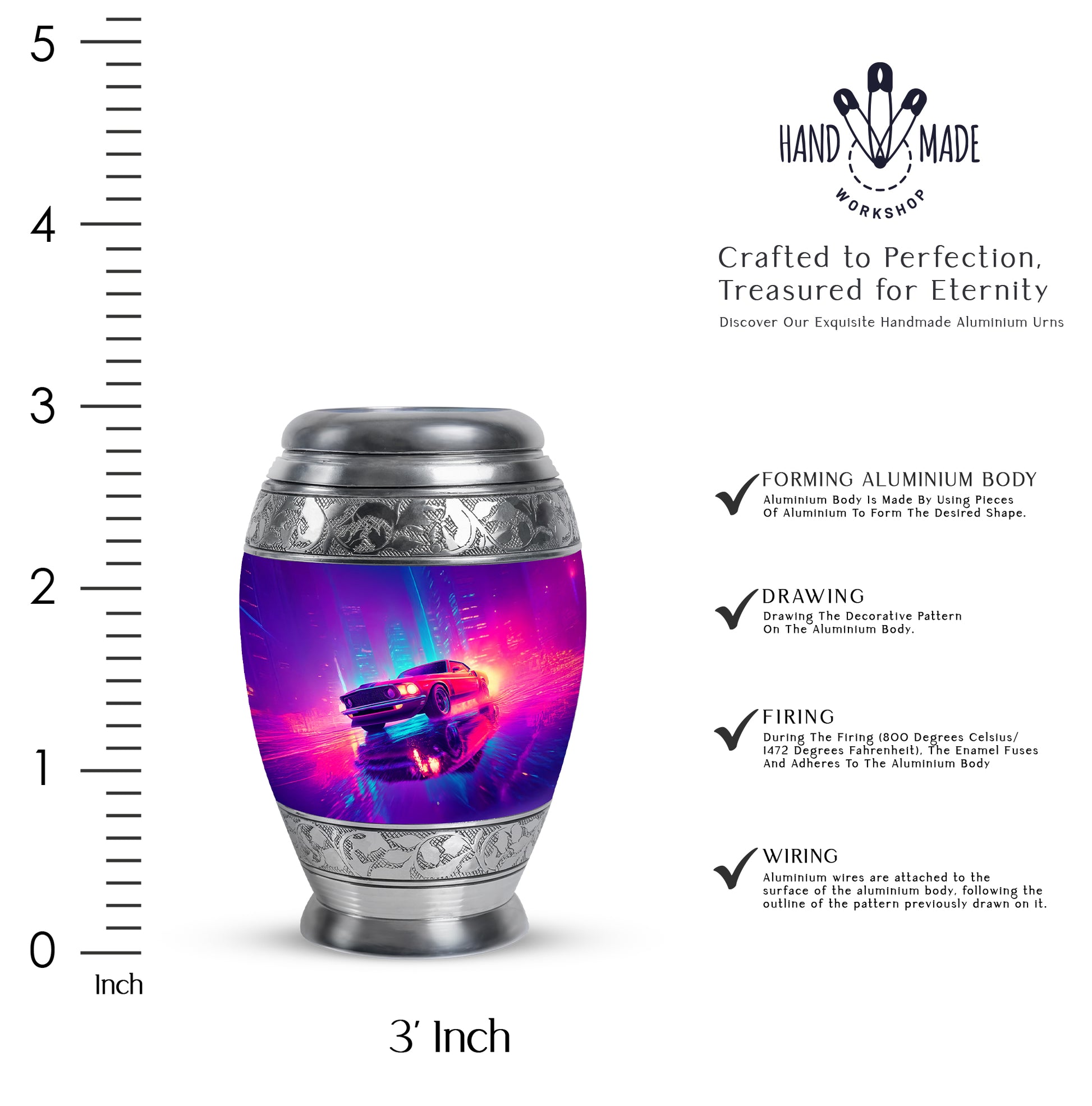 Sky Blue Car Cremation Urn lifestyle display on memorial shelf - ornate monarch-style car relief on brushed aluminum - mini keepsake memorial for portion of cremation ashes