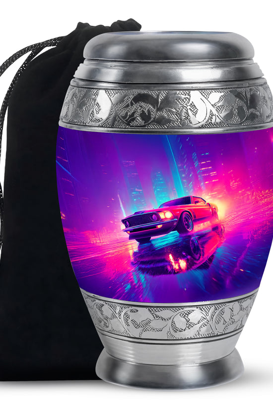 Bright Blue Car Cremation Urn back view with polished surface - majestic car pattern with filigree border - full-size 10 inch 200 cubic inch adult cremation urn